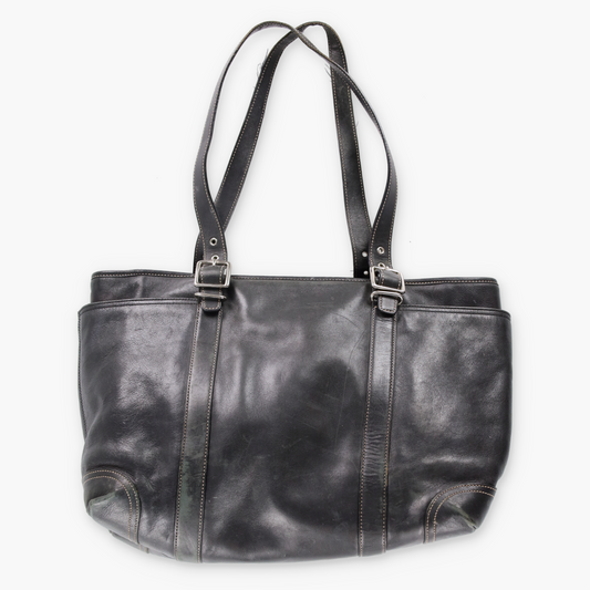 COACH 6460 Black Leather & Silver Adjustable Buckle Strap Tote Bag