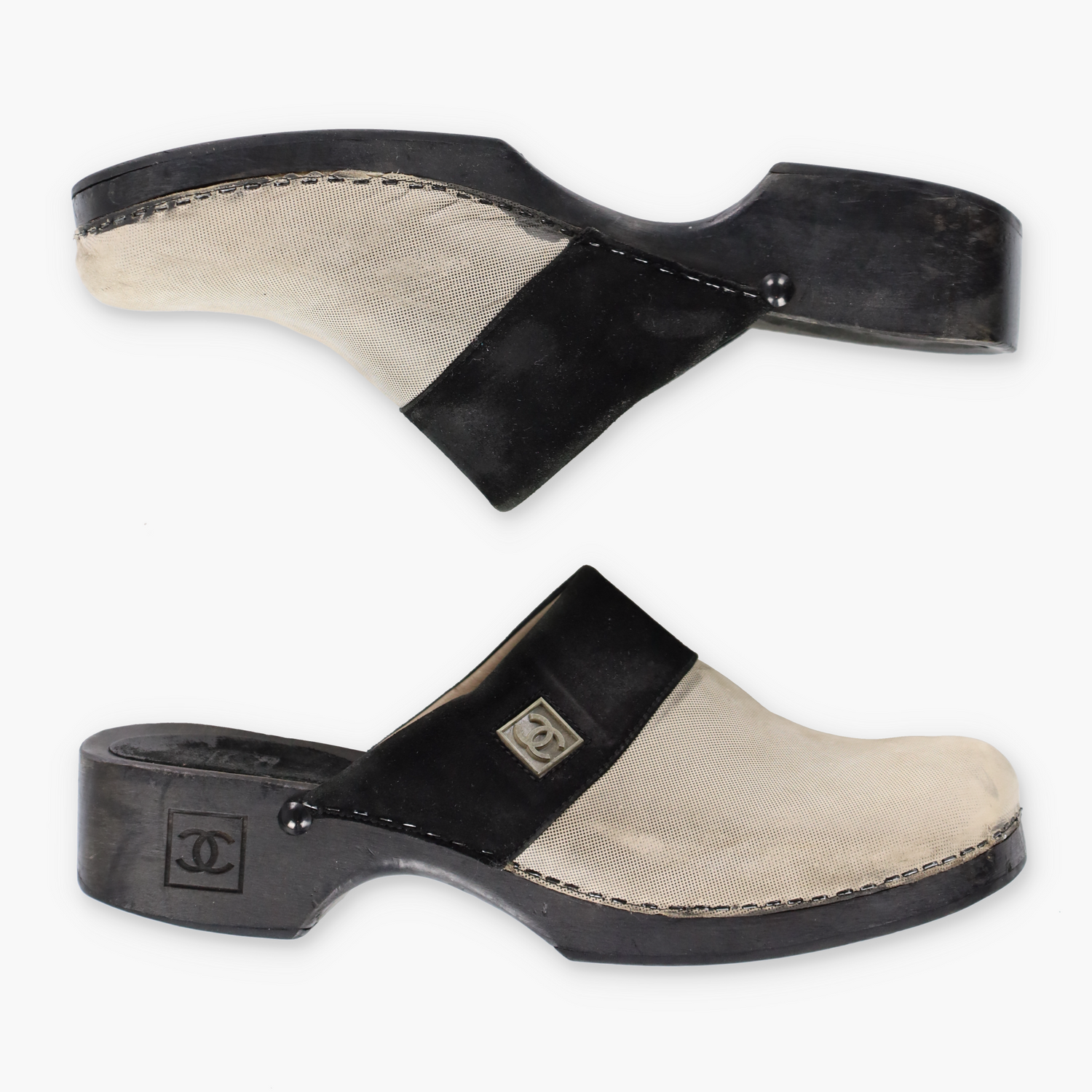 CHANEL 'Sabot' Spanish Made Black & Beige Suede Slip on Clog Mules (38) - Vintage Sole Melbourne
