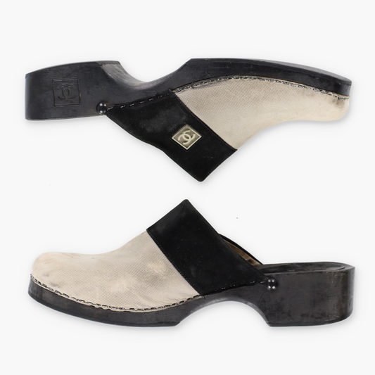 CHANEL 'Sabo' Spanish Made Black & Beige Suede Slip on Clog Mules (38)