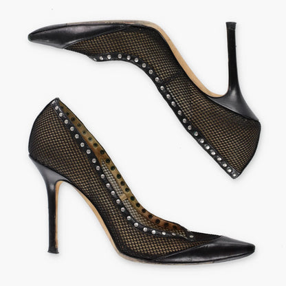 JIMMY CHOO Black Fishnet Mesh Silver Studded Italian Made Stiletto Heels (37) - Vintage Sole Melbourne