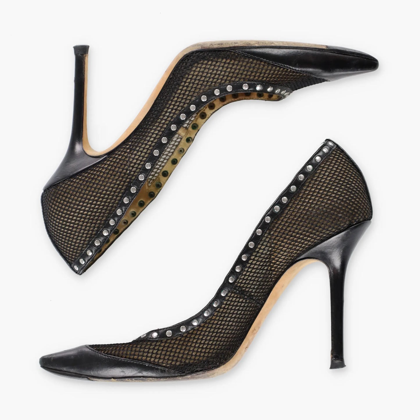 JIMMY CHOO Black Fishnet Mesh Silver Studded Italian Made Stiletto Heels (37) - Vintage Sole Melbourne