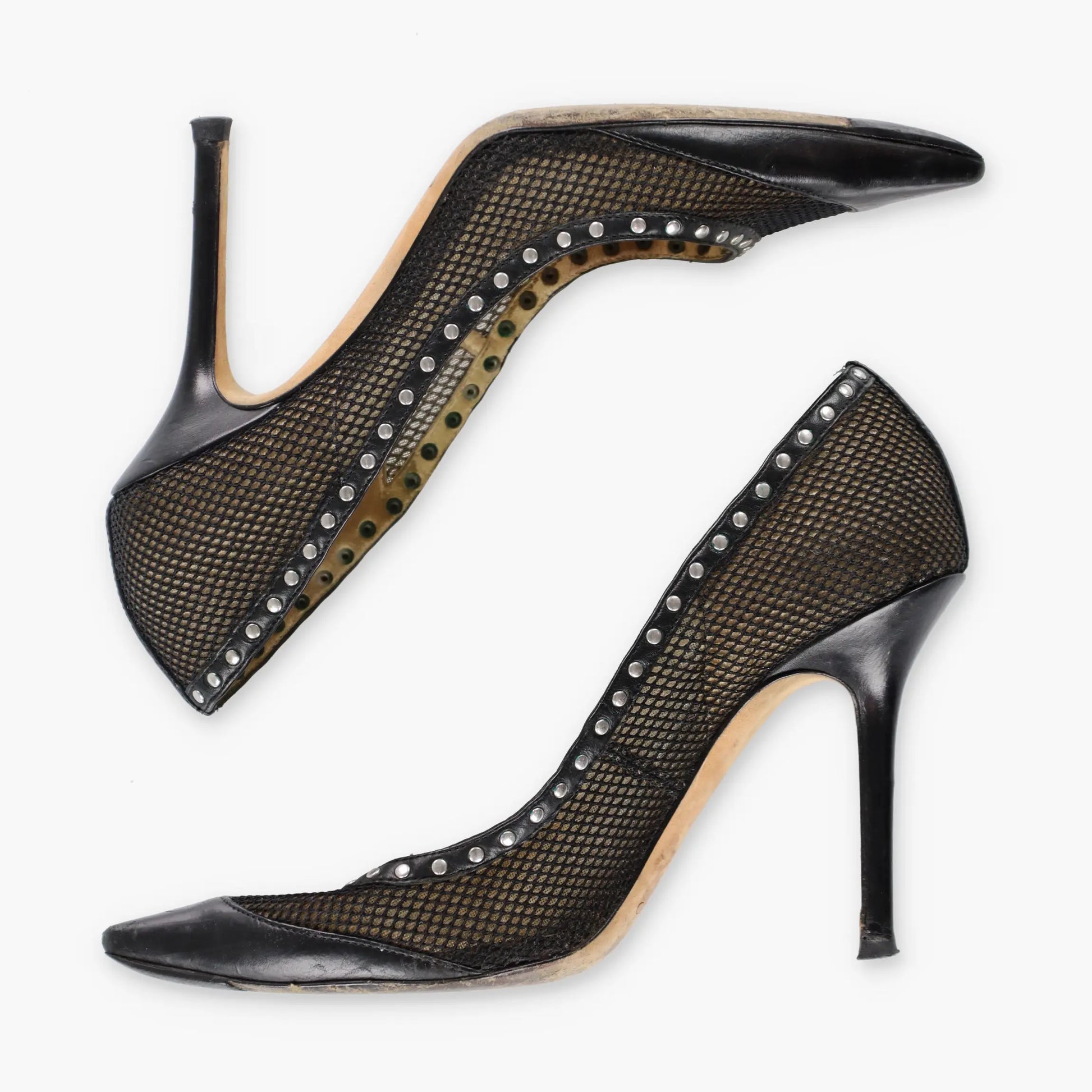 JIMMY CHOO Black Fishnet Mesh Silver Studded Italian Made Stiletto Heels (37) - Vintage Sole Melbourne