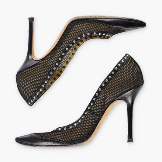 JIMMY CHOO Black Fishnet Mesh Silver Studded Italian Made Stiletto Heels (37)