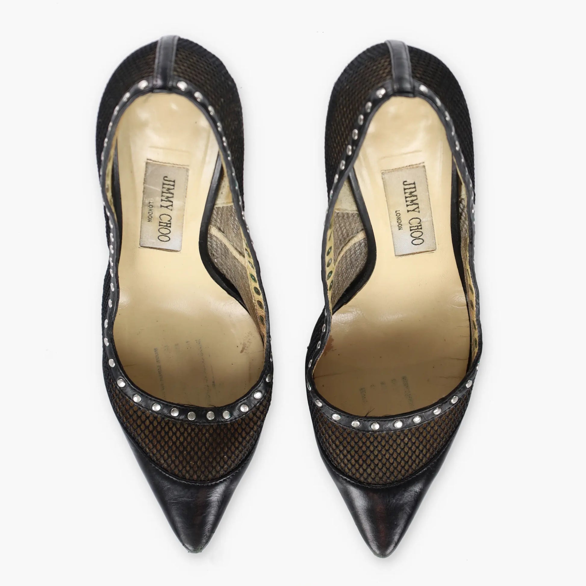 JIMMY CHOO Black Fishnet Mesh Silver Studded Italian Made Stiletto Heels (37) - Vintage Sole Melbourne