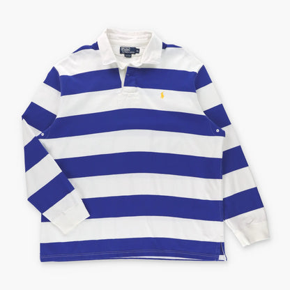POLO RALPH LAUREN Embroidered Yellow Pony Logo Blue & White Stripe Rugby Jumper (XL) ***COCO - Vintage Sole Melbourne