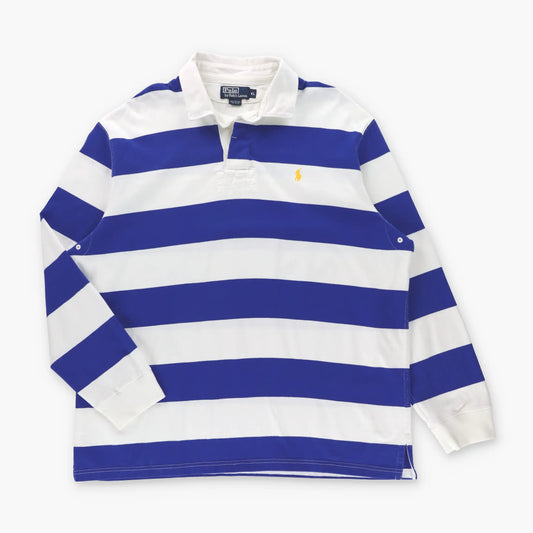 POLO RALPH LAUREN Embroidered Yellow Pony Logo Blue & White Stripe Rugby Jumper (XL) ***COCO - Vintage Sole Melbourne