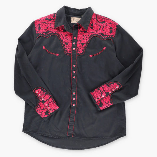 Vintage SCULLY Western Snap Button Red & Black Embroidered Long Sleeve Shirt (XL)