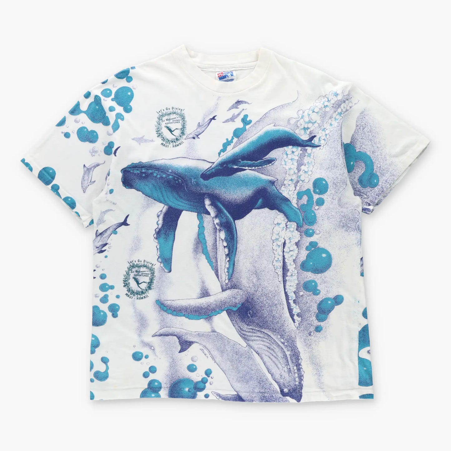 Vintage 1992 Hawaiian Whales All Over Print 'Ed Robinson’s Diving Adventures' Tee USA Made (L)