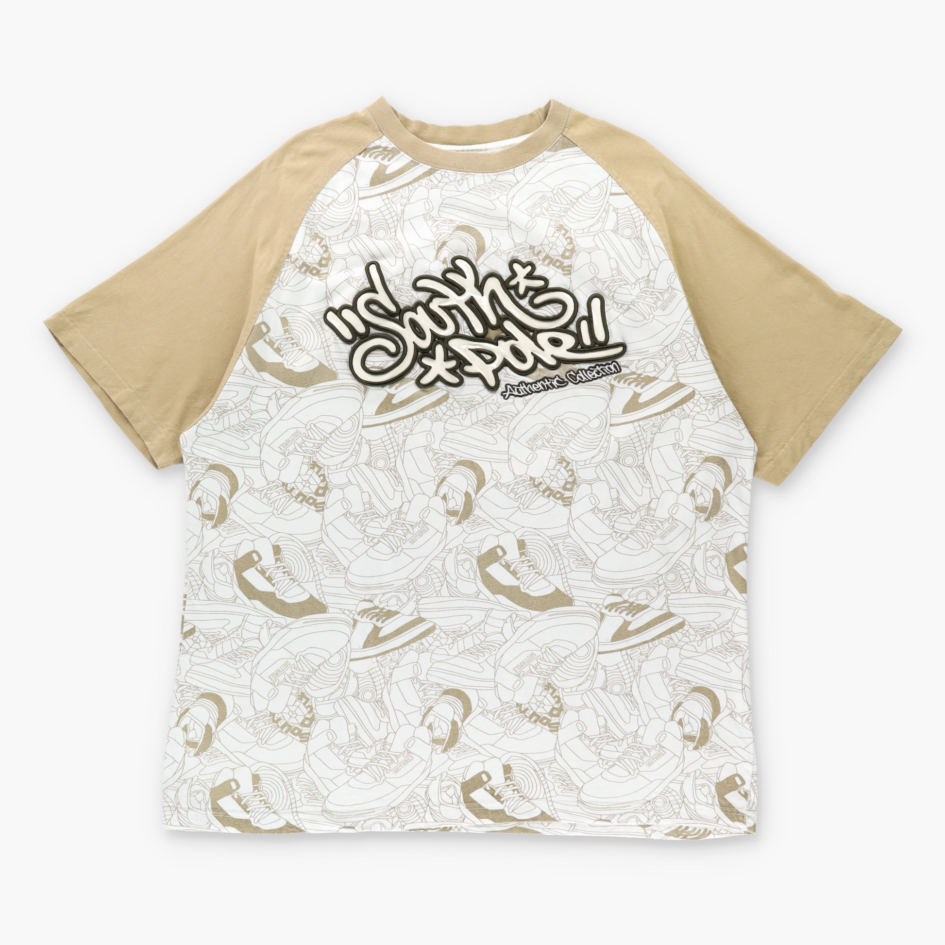 Vintage SOUTHPOLE White & Tan Sneaker All Over Print Y2K Style PVC Logo Patch T-Shirt (XL) Vintage Sole Melbourne