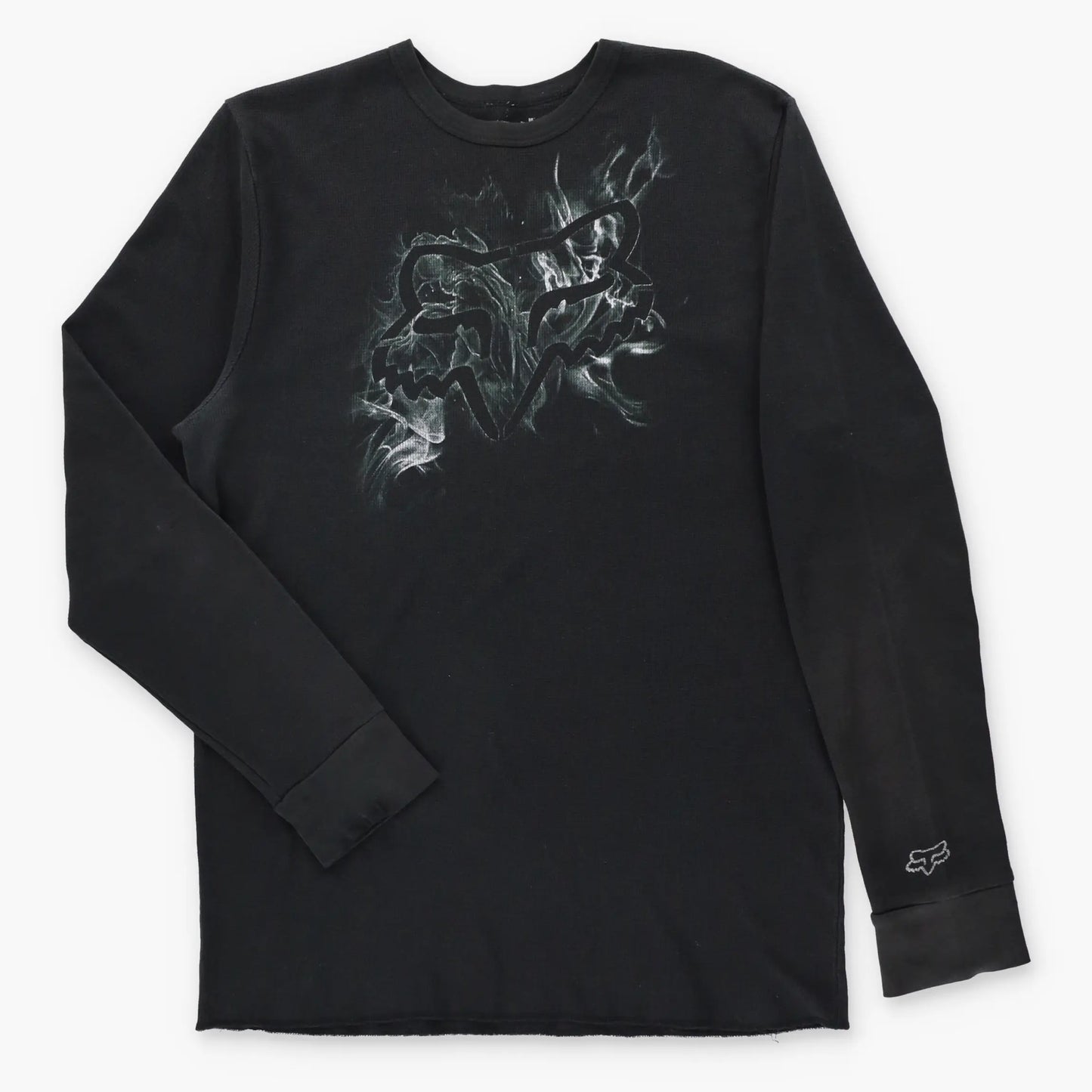 FOX Big Logo Graphic Black Waffle Knit Vintage Long Sleeve Thermal Tee (XL TALL)
