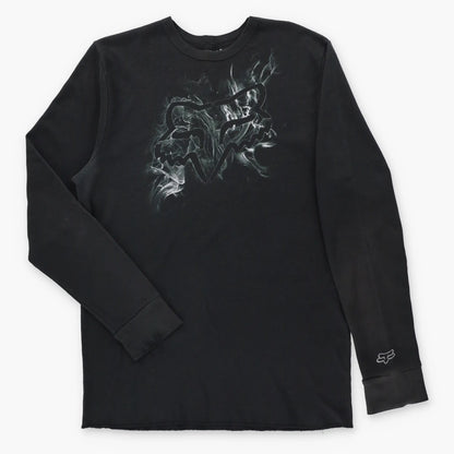 FOX Big Logo Graphic Black Waffle Knit Vintage Long Sleeve Thermal Tee (XL TALL)