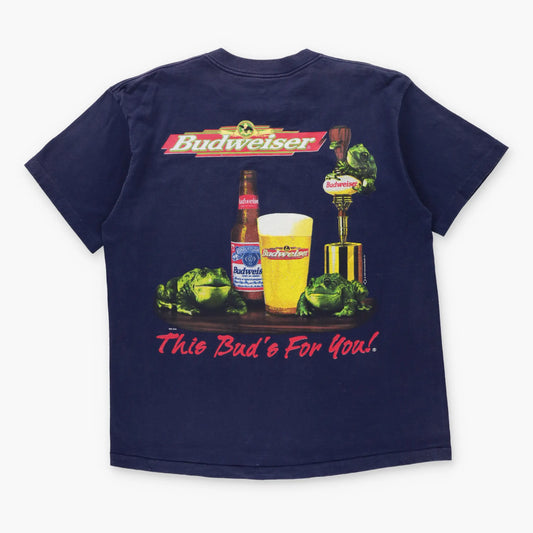 Vintage 1997 Budweiser Beer & Frogs "This Bud's For You!" Navy Single Stitch Tee USA Made (XL)