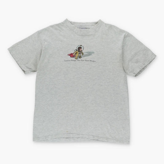 Vintage 1995 CURIOUS GEORGE Space Monkey Parachuting Grey Single Stitch T-Shirt (M)