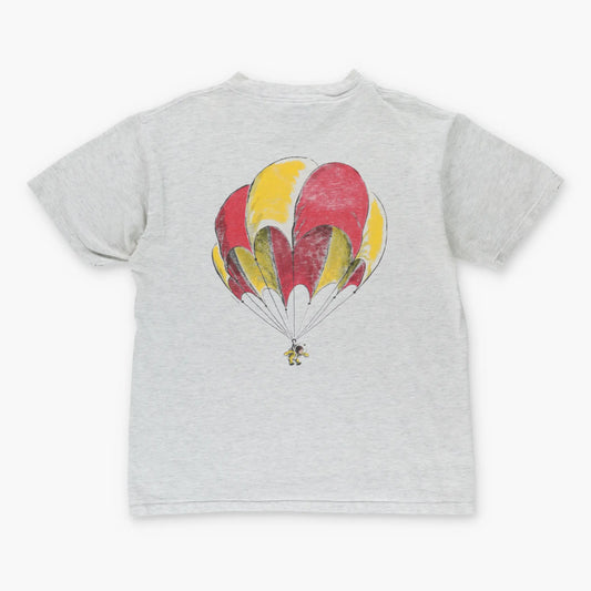 Vintage 1995 CURIOUS GEORGE Space Monkey Parachuting Grey Single Stitch T-Shirt (M)