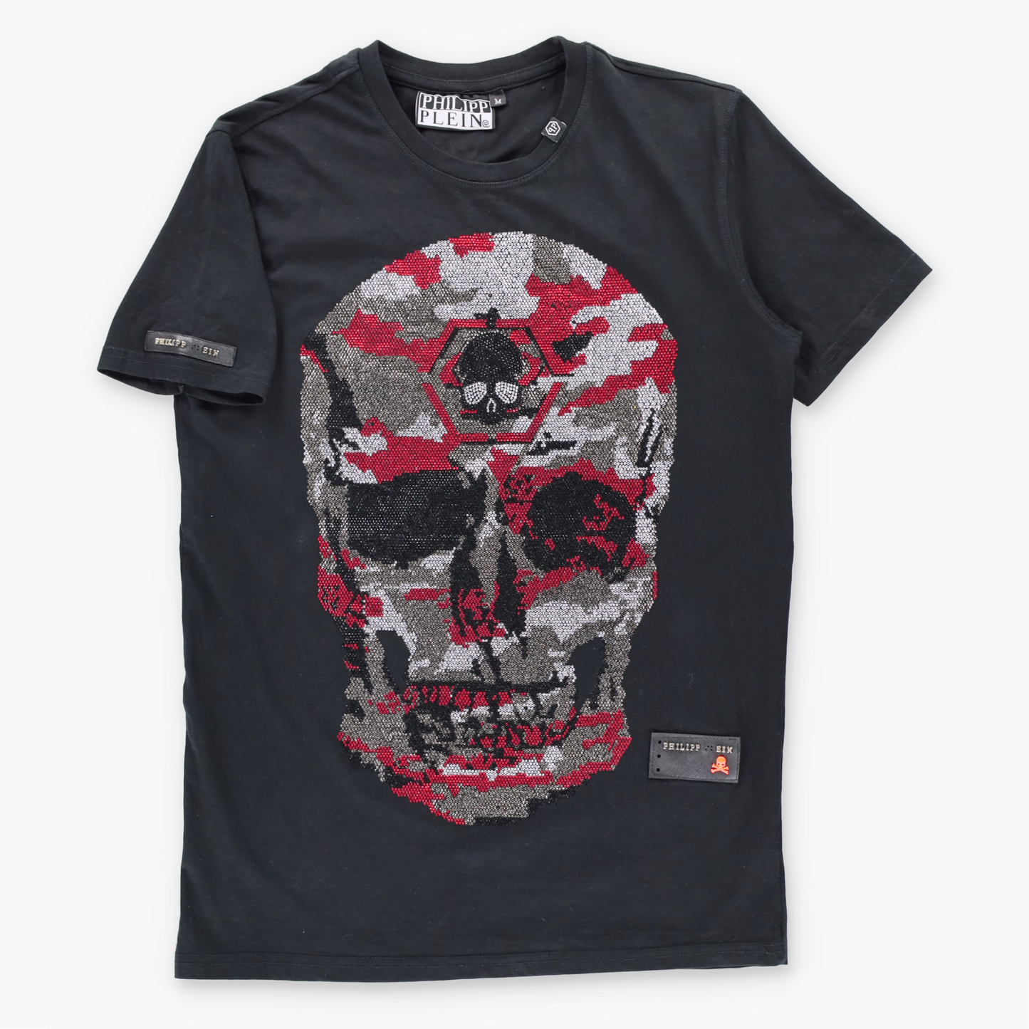 PHILIPP PLEIN Embellished Silver & Red Skull Black T-Shirt (M) Vintage Sole Melbourne