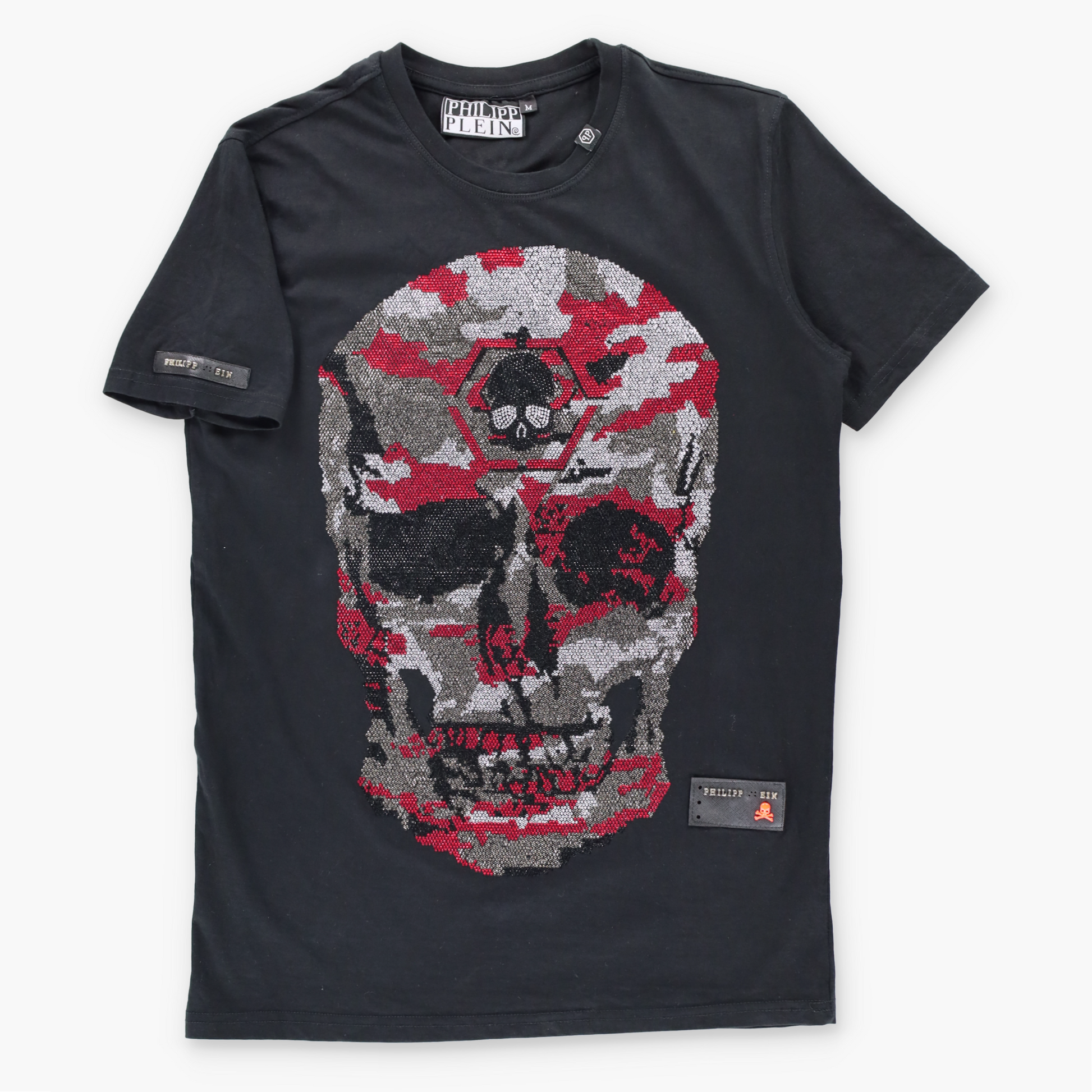 PHILIPP PLEIN Embellished Silver & Red Skull Black T-Shirt (M) Vintage Sole Melbourne