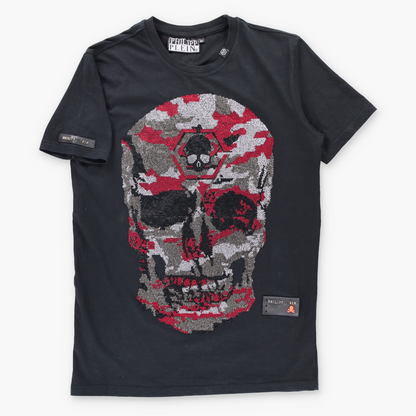 PHILIPP PLEIN Embellished Silver & Red Skull Black T-Shirt (M) Vintage Sole Melbourne