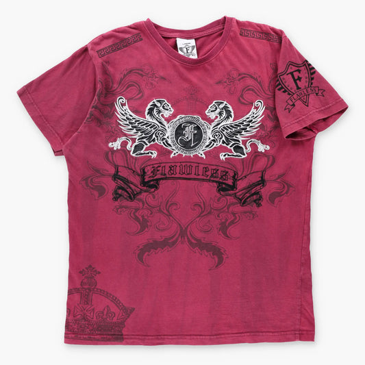 FLAWLESS Silver Embroidered Velour Griffin Patch Red Y2K Style T-Shirt (M-L)