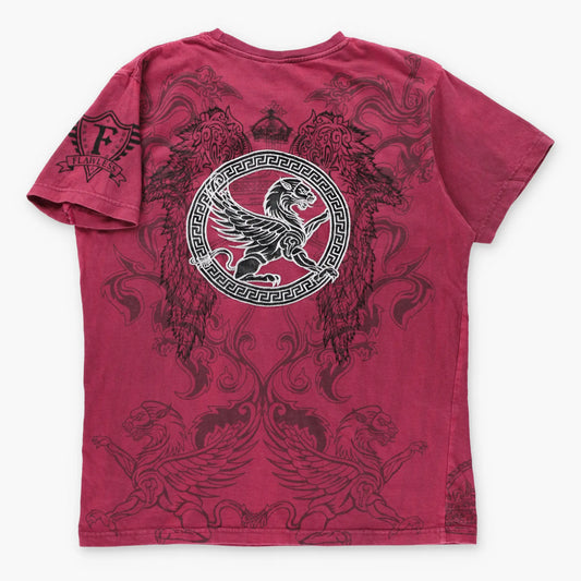FLAWLESS Silver Embroidered Velour Griffin Patch Red Y2K Style T-Shirt (M-L)