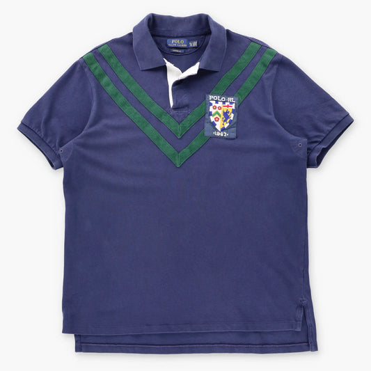 RALPH LAUREN POLO 'Custom Fit' Embroidered Shield Crest Patch Navy & Green Polo Shirt (L-XL)