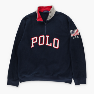 RALPH LAUREN POLO USA Flag Varsity Logo 1/4 Zip Fleece Sweatshirt (L)