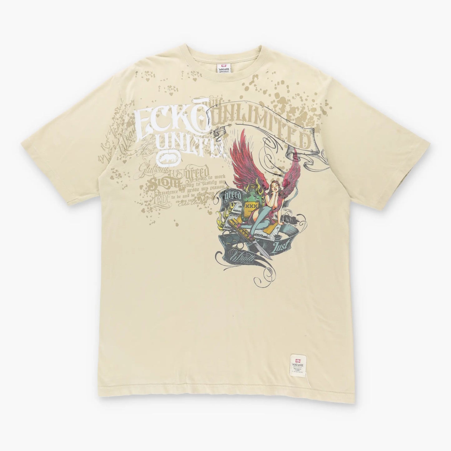 Vintage ECKO UNLTD Y2K Beige Angel Streetwear Grunge T-Shirt (XL)
