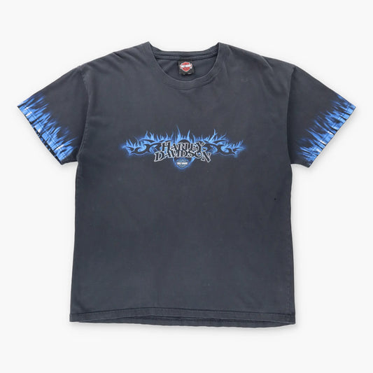 Vintage HARLEY DAVIDSON Y2K Flame Sleeve Blue & Black T-Shirt (XL)