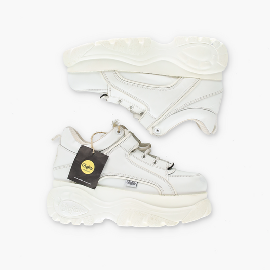 BUFFALO LONDON 1339 White Leather Platform Sneakers (37)