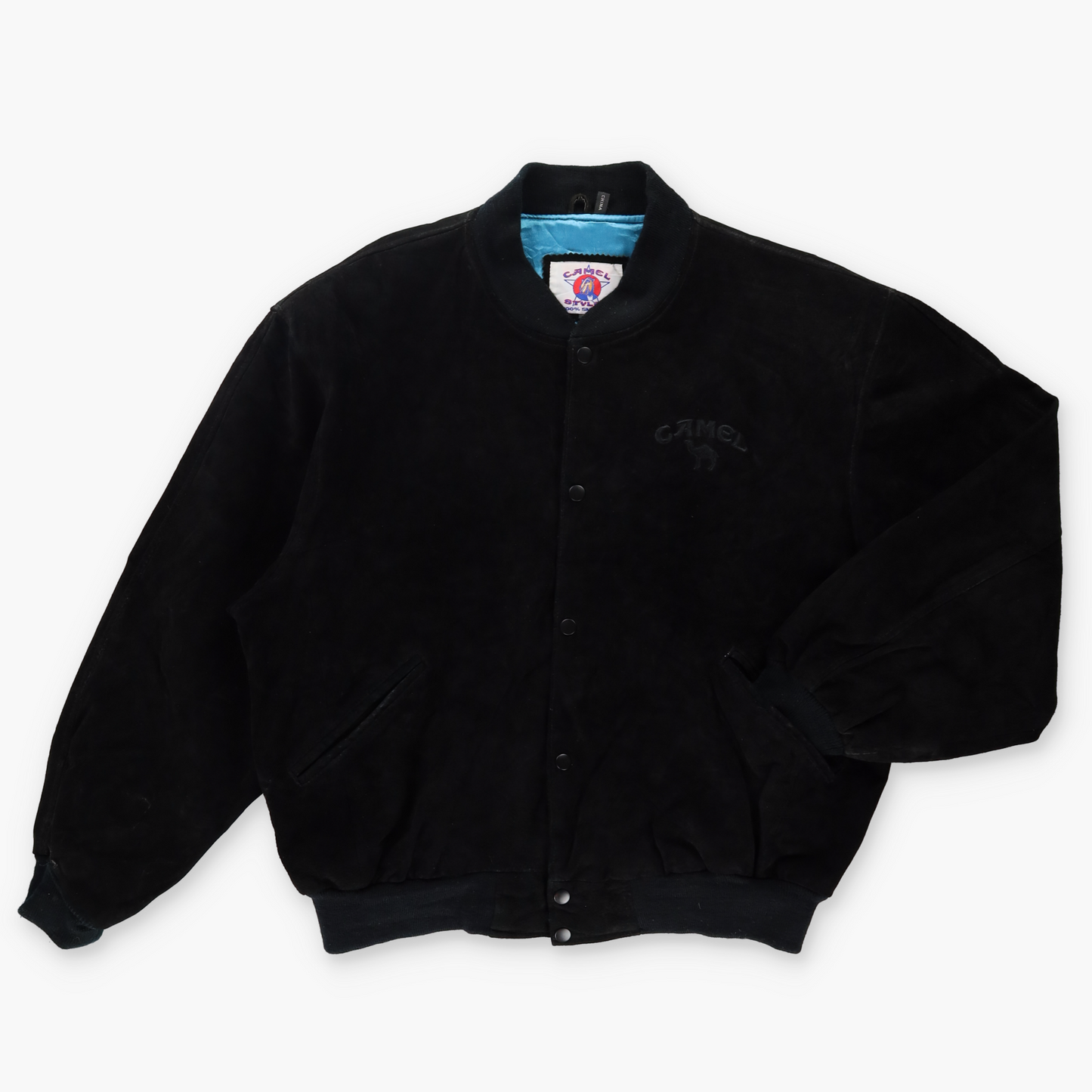 CAMEL Embroidered Suede Monochrome Black Leather Bomber Jacket (XL)
