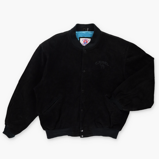CAMEL Embroidered Suede Monochrome Black Leather Bomber Jacket (XL)