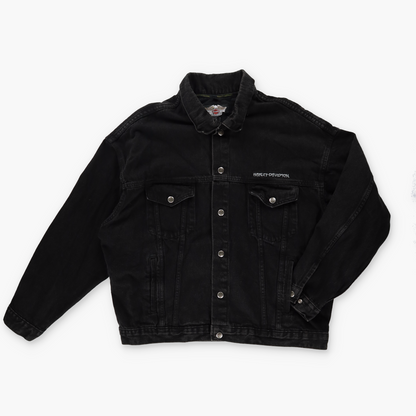 HARLEY DAVIDSON 3D Eagle Embossed Black USA Made Denim Jacket (XL)