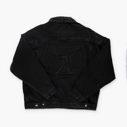 HARLEY DAVIDSON 3D Eagle Embossed Black USA Made Denim Jacket (XL)