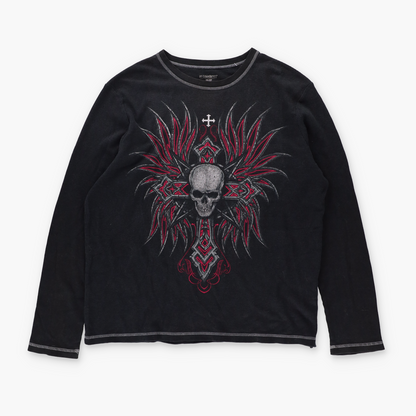 Skull & Cross Y2K Double Sided Waffle Knit Long Sleeve T-Shirt (XXL)