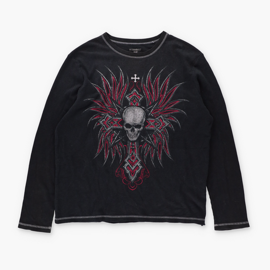 Skull & Cross Y2K Double Sided Waffle Knit Long Sleeve T-Shirt (XXL)