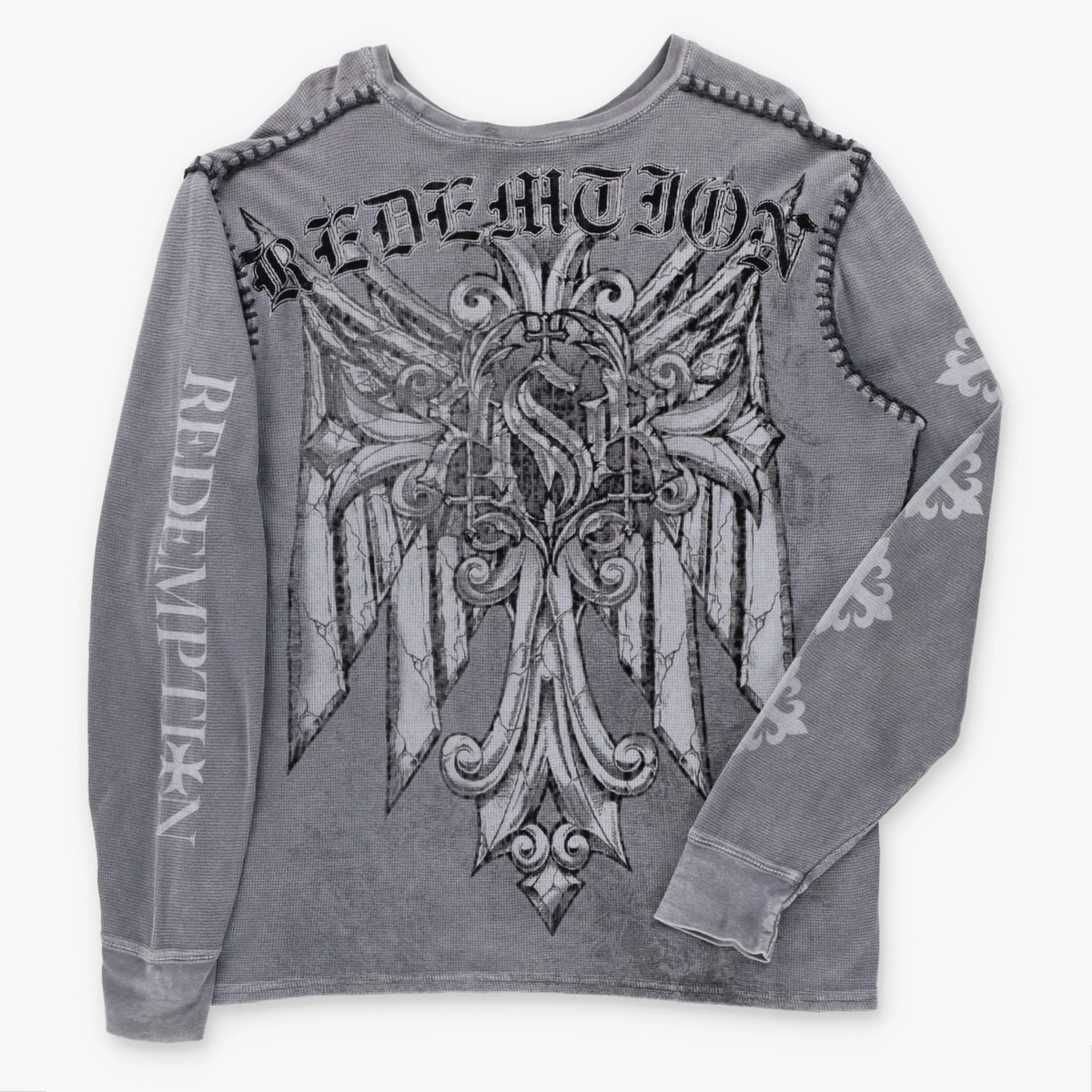 Vintage RAW STATE Velvet Cross & Stitching Detail Y2K Grey Long Sleeve Waffle Thermal Tee (XL) ***COCO Vintage Sole Melbourne