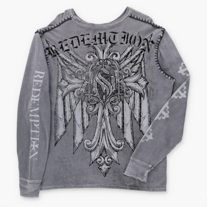 Vintage RAW STATE Velvet Cross & Stitching Detail Y2K Grey Long Sleeve Waffle Thermal Tee (XL) ***COCO Vintage Sole Melbourne