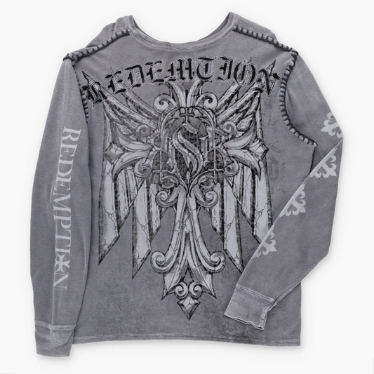 Vintage RAW STATE Velvet Cross & Stitching Detail Y2K Grey Long Sleeve Waffle Thermal Tee (XL) ***COCO Vintage Sole Melbourne