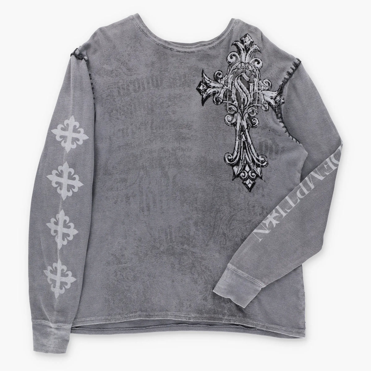 Vintage RAW STATE Velvet Cross & Stitching Detail Y2K Grey Long Sleeve Waffle Thermal Tee (XL) ***COCO Vintage Sole Melbourne