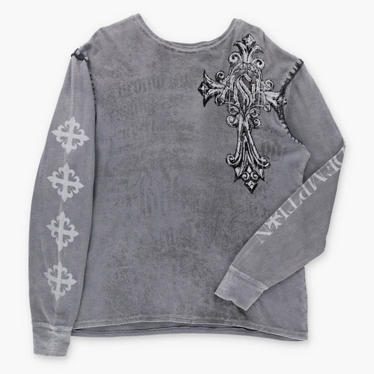 Vintage RAW STATE Velvet Cross & Stitching Detail Y2K Grey Long Sleeve Waffle Thermal Tee (XL) ***COCO Vintage Sole Melbourne