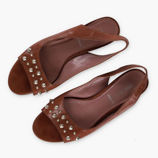 MIU MIU Hardware Slingback Italy Made Brown Leather Flats (38.5)