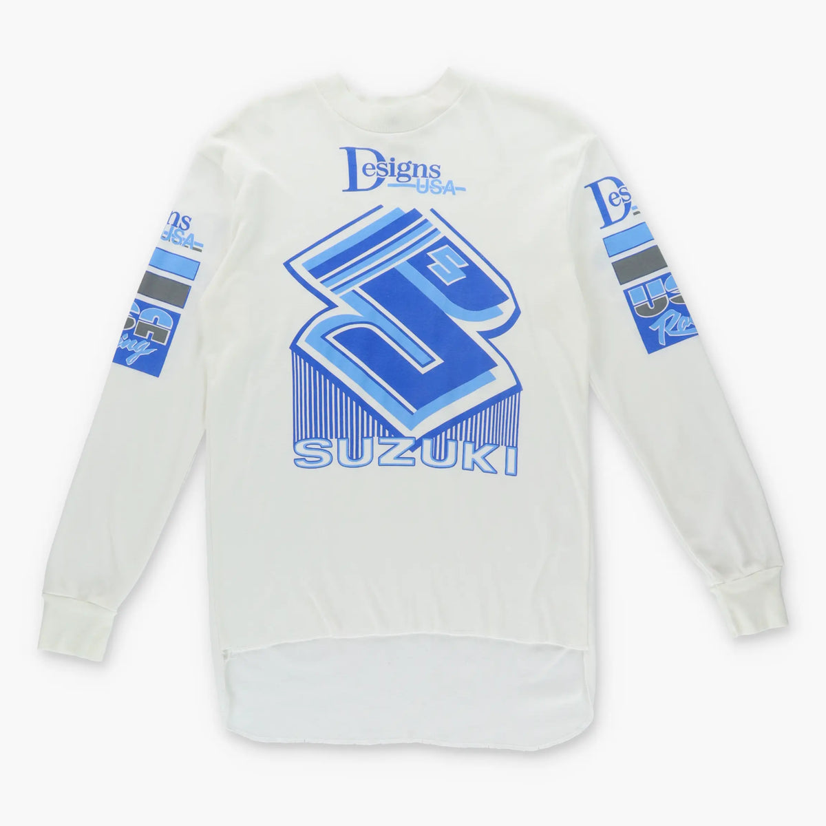 Vintage SUZUKI 80'S Motocross USA Made 50/50 Long Sleeve White & Blue T-Shirt (M)