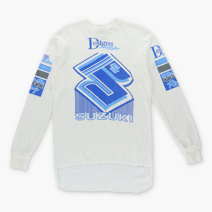 Vintage SUZUKI 80'S Motocross USA Made 50/50 Long Sleeve White & Blue T-Shirt (M)