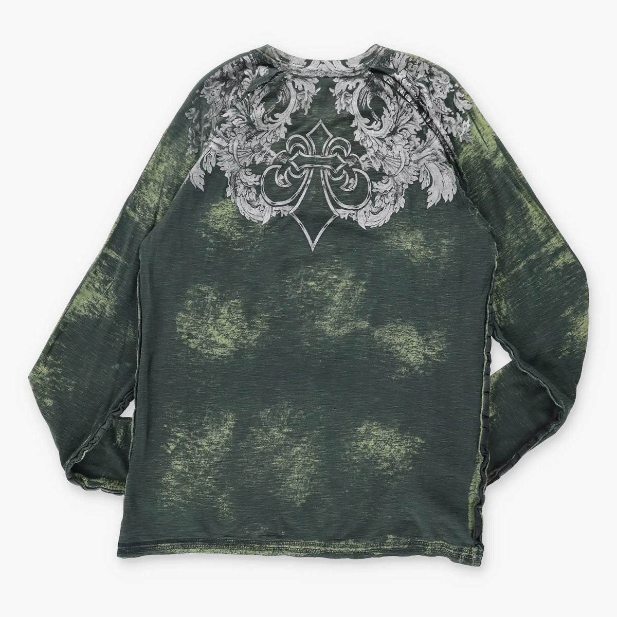 Vintage AFFLICTION Y2K Glitter Print Camo Tie Dye Distressed USA Made Long Sleeve T-Shirt (L)