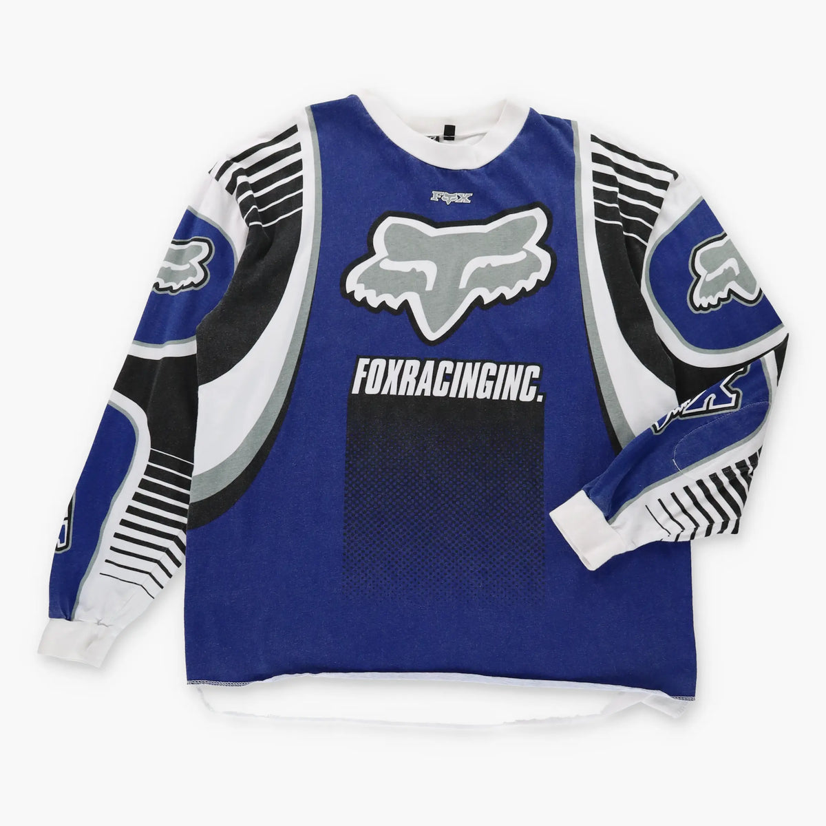 Vintage FOX RACING 90's Motocross Long Sleeve All Over Print Navy & White T-Shirt (L)