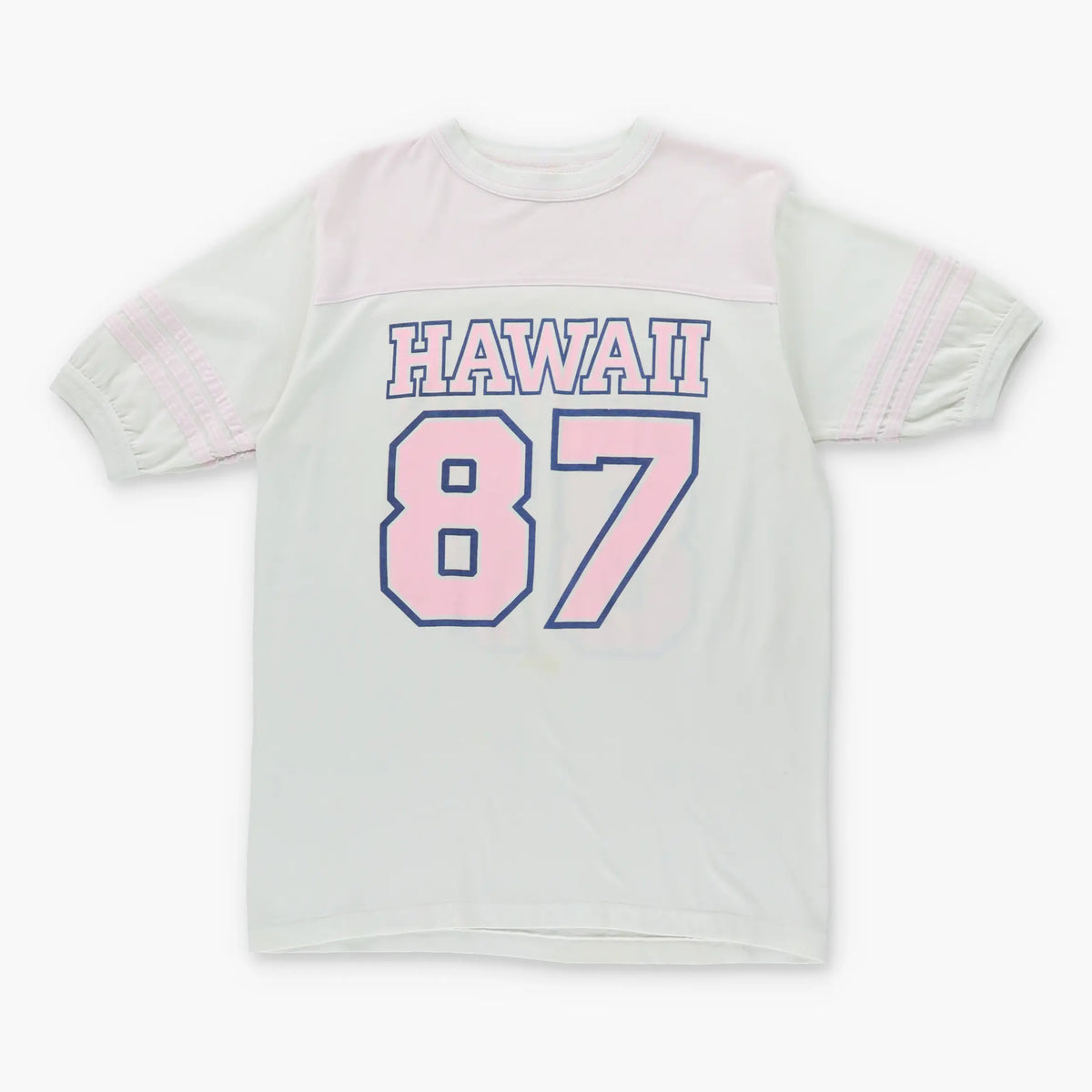 Vintage HAWAII #87 Single Stitch Baby Pink & White Stripe T-Shirt (M)
