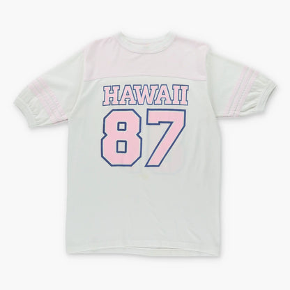 Vintage HAWAII #87 Single Stitch Baby Pink & White Stripe T-Shirt (M)