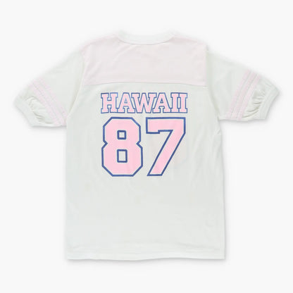 Vintage HAWAII #87 Single Stitch Baby Pink & White Stripe T-Shirt (M)
