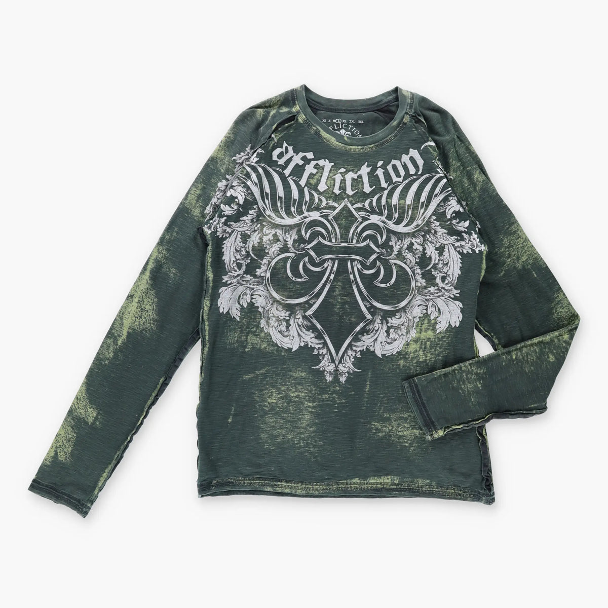 Vintage AFFLICTION Y2K Glitter Print Camo Tie Dye Distressed USA Made Long Sleeve T-Shirt (L)