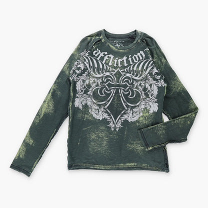 Vintage AFFLICTION Y2K Glitter Print Camo Tie Dye Distressed USA Made Long Sleeve T-Shirt (L)