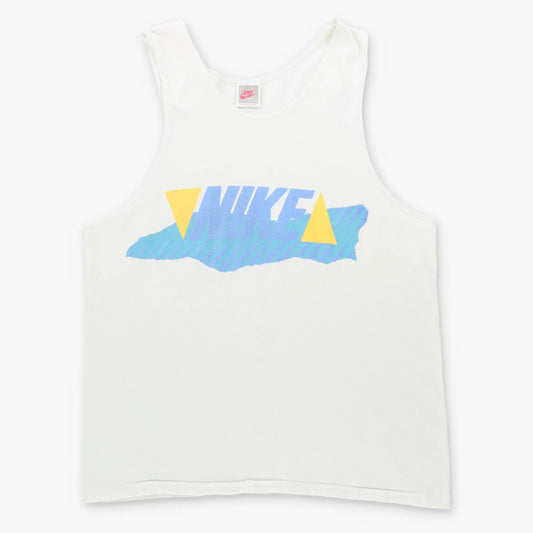 Vintage NIKE Spell Out 80's Single Stitch USA Made White & Blue Singlet (Men's M)